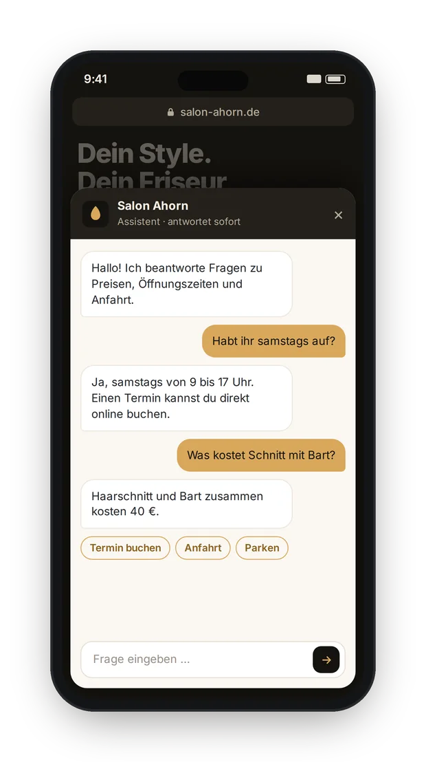 Beispiel: KI-Chatbot & KI-Telefonassistent für einen erfundenen Betrieb