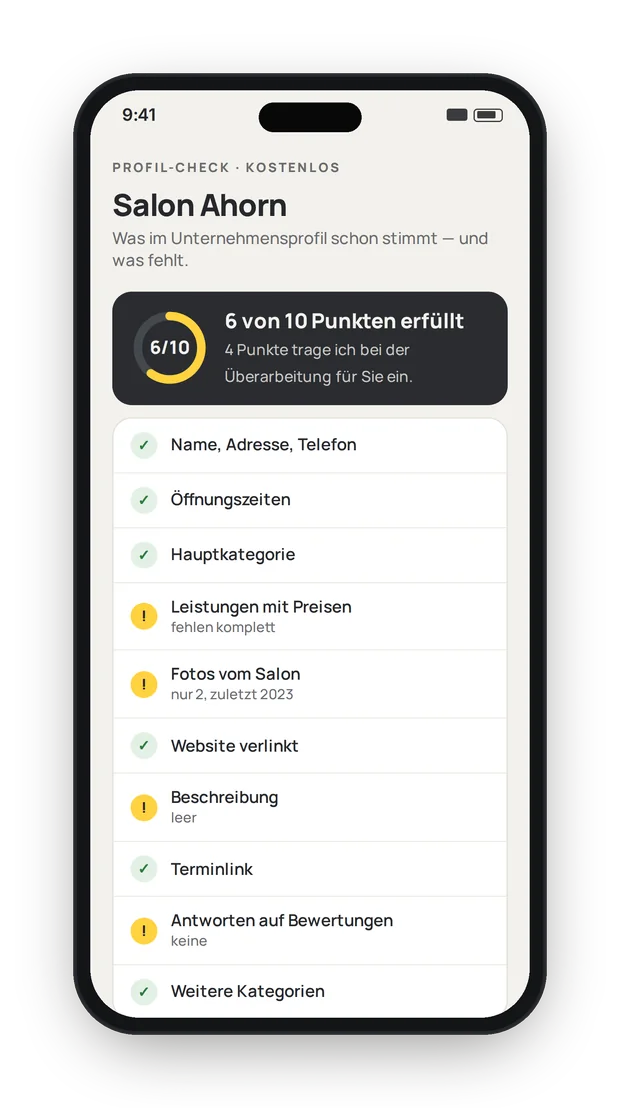 Beispiel: Google-Profil-Check und Unternehmensprofil für einen erfundenen Salon