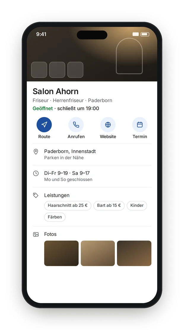Beispiel: Google-Profil-Check und Unternehmensprofil für einen erfundenen Salon