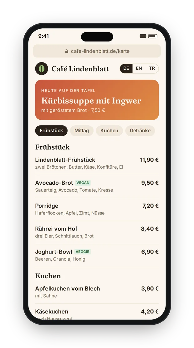 Beispiele: Website und digitale Speisekarte für erfundene Betriebe