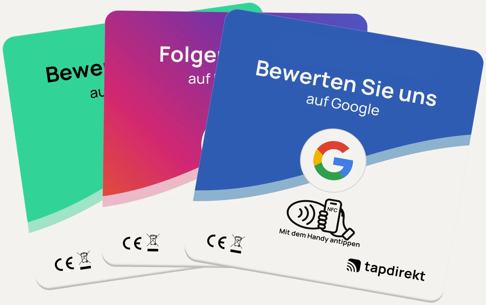 NFC-Schilder von tapdirekt für Google-Bewertungen, Instagram und Tripadvisor, übereinandergelegt